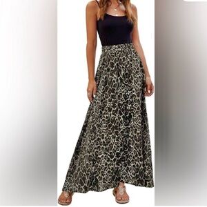 NWT Green & Black Leopard Print A Line Maxi Skirt Drawstring waist Womens Sz XL